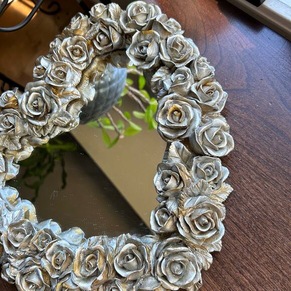 Decorative Silver Rose Mirror Heart Shabby Chic Vanity/Wall Handmade/Handpaint - Picture 4 of 10